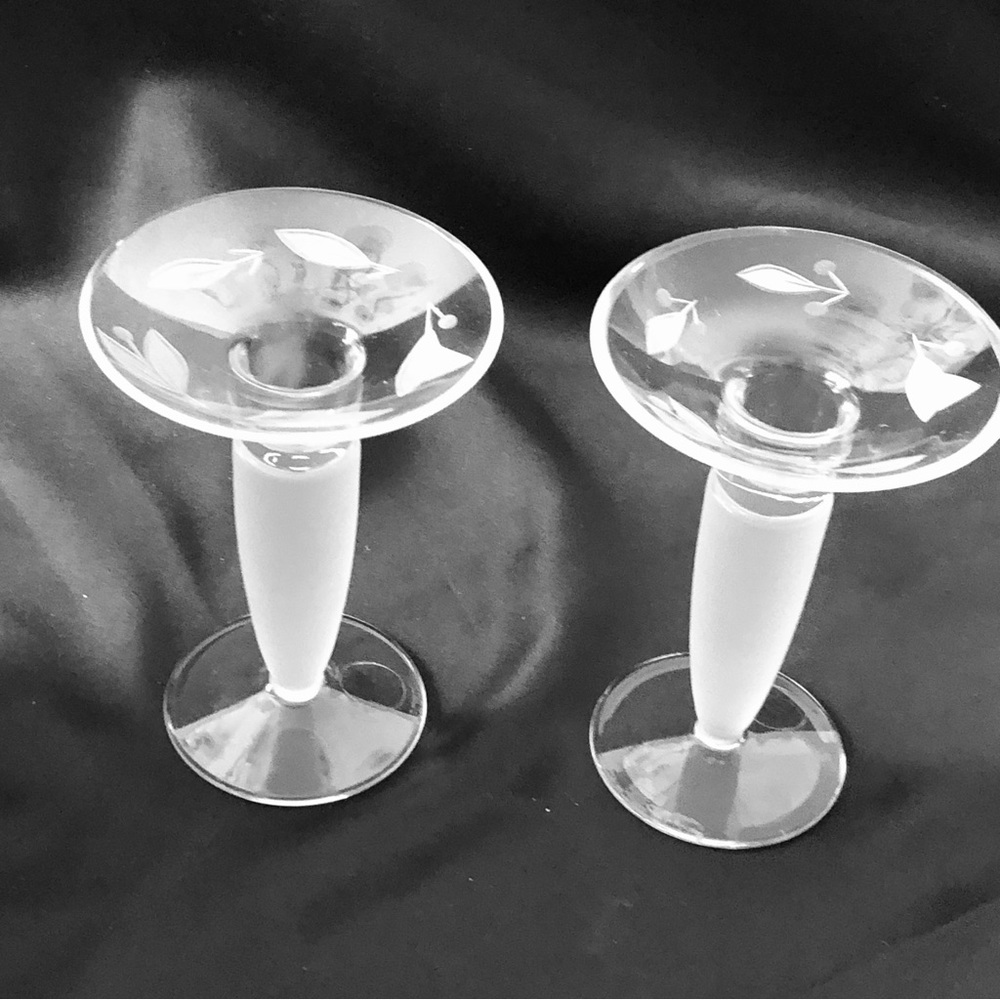 Pair Dansk 6" Floating Leaves Crystal Candlesticks Frosted Stems RARE Size